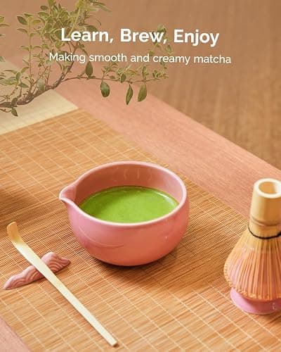 Maestri House Pink Matcha Whisk Set, 7-Pc Complete Matcha Kit with Spouted Ceramic Bowl, Bamboo Whisk and Holder, Scoop, Spoon Rest & Sifter, Tea Cloth – Ideal Gift for Matcha Lovers (Pink) thumbnail 5