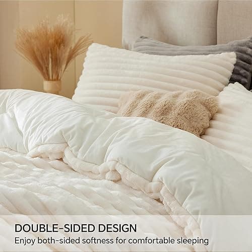 BEDELITE Fleece King Comforter Set -Super Soft & Warm Fluffy Cream White Bedding, Luxury Fuzzy Heavy Bed Set for Winter with 2 Pillow Cases thumbnail 4