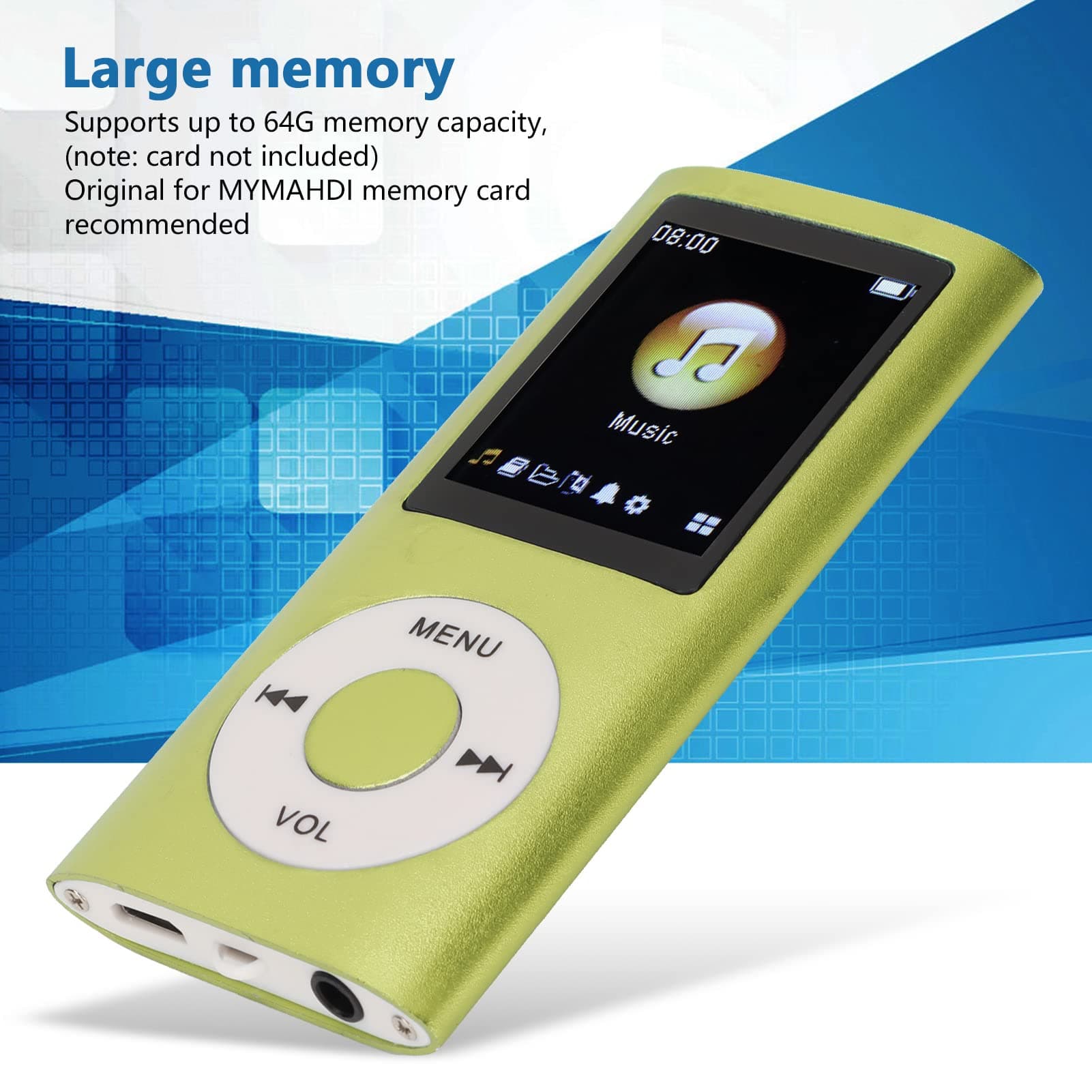 Bewinner MP3 Player with Bluetooth, 1.8 Inch Screen, HiFi Lossless Sound, Portable Digital Music Player Supports 64GB TF Card for Sports, Running (Earphones Included) (Green) thumbnail 3