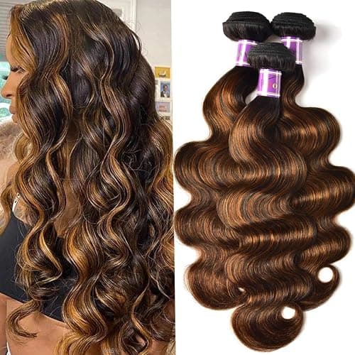 UNICE Brown Highlight Body Wave Human Hair Weave 3 Bundles 18 20 20 inches, Brazilian Remy Hair Ombre Blonde Human Hair Wavy Weaves Sew in FB30 Piano Color - Image 1