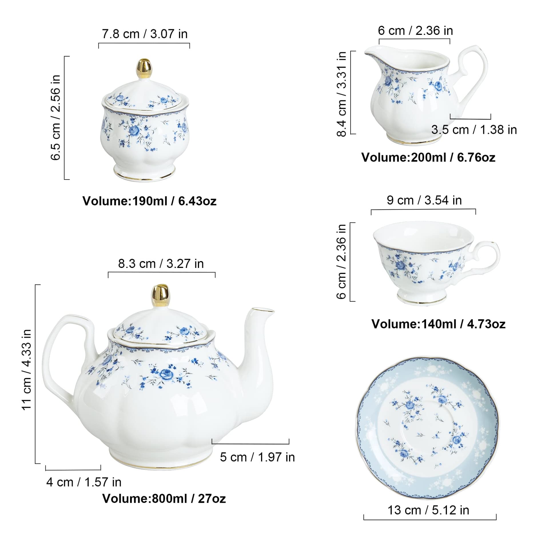 fanquare 15 Piece Blue Rose Porcelain Tea Set, British Floral Teapot with Tea Cups, Women Tea Party Set for 6 (FKT0529) thumbnail 6