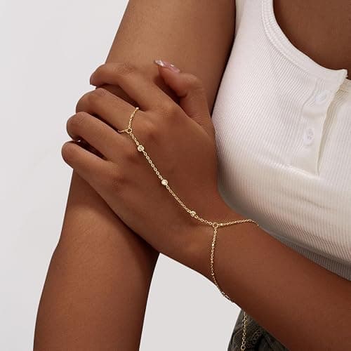 Bracelets for Women,14K Gold/Silver Plated Dainty Hand Chain Bracelets Trendy Ring Chain Bracelet Charm Gold Cuff Bangle Stackable Bracelets Fashion Body Jewelry Adjustable Waterproof Gifts for Her - Three Zircon-GD thumbnail 2