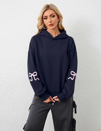 Navonta Womens Bow Graphic Hoodie Cute Bow Sweater Oversized Long Sleeve Fleece Sweatshirt Drop Shoulder Pullover Tops thumbnail 5