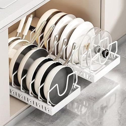 2 Pack Pull Out Pots and Pans Organizer for Cabinet & Countertop, Kitchen Cabinet Organizer with 8 Adjustable Dividers, Storage for Pot Lid, Dishes, Bakeware, White - Image 1