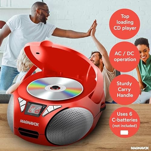 Magnavox MD6924 Portable Top Loading CD Boombox with AM/FM Stereo Radio in Black | CD-R/CD-RW Compatible | LED Display | AUX Port Supported | Programmable CD Player | (Red) thumbnail 3