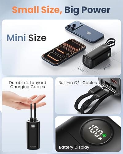 BLACKPAI Portable Power Bank 20,000mAh, PD 35W Portable Charger Super Fast Charging with 2 Built-in Cables, USB-C Digital Display Battery Pack for iPhone Air 17/16/15/14/13, Portable Travel Charger thumbnail 3