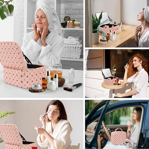 Travel Makeup Bag With 360° rotating LED Mirror,Waterproof cosmetic organizer,Portability Cosmetic case,Makeup organizer,Gift for Women,Girls Gift (Pink) thumbnail 7