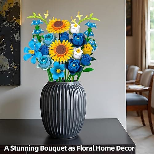Blue Rose Flowers Valentines Gifts - Bouquet Building Set Compatible with Lego Flowers for Adults Women, Van Gogh's Starry Night and Sunflowers Style, Christmas Mother's Day Home Decor thumbnail 2