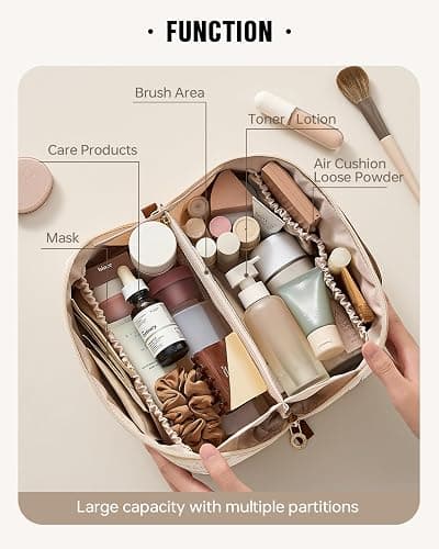 EACHY Travel Makeup Bag, Large Capacity Cosmetic Bags for Women, Waterproof Portable Pouch Open Flat Toiletry Bag Pattern Make up Bag (F-Beige) thumbnail 2