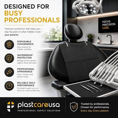 PlastCare USA Disposable Dental Bibs 13"x18" - 3 Ply Waterproof Tattoo Bib Sheet for Patients - Dentist or Medical Tray Cover and Nail Table Cover Supplies, Black thumbnail 7