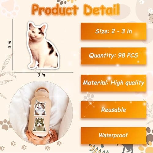 Funny Cat Stickers, 98 PCS Cute Cats Sticker for Laptop Scrapbook, Water Bottles, Guitar, Suitcase Phone, Snowboard, Cat Sticker Waterproof Vinyl for Water Bottle thumbnail 3