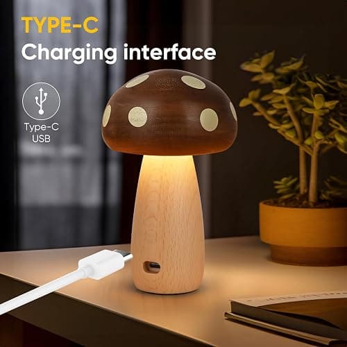 LONRISWAY LED Wooden Mushroom Lamp for Bedroom,Portable Cordless Touch Switch Small Rechargeable Battery Operated Lamp,Stepless Dimming, Night Light for Birthday Gifts thumbnail 5