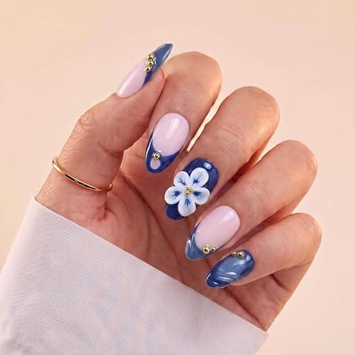 Handmade Short Almond Ocean Press On Nails,Reusable&Salon Quality(1TA26,S) | 10Pcs Daily & Party Fake Nails | Easy Apply & Remove | Navy Blue Press Ons, 3D White Blue Flowers, Pearls & Gold Beads thumbnail 4