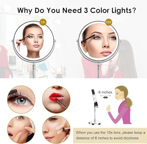 Lighted Makeup Mirror, 8" Rechargeable Double Sided Magnifying Mirror with 3 Colors, 1x/10x 360° Rotation Touch Screen Vanity Mirror, Brightness Adjustable Magnification Cosmetic Light up Mirror thumbnail 6