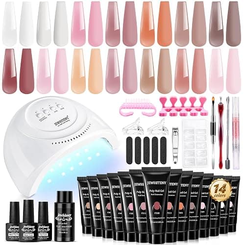 JEWHITENY 14 Colors Poly Extension Gel Nail Kit With U V Lamp Nude Pink White Brown All In One Poly Gel Starter Kit With Base Top Coat Manicure Salon Frence Nail Art DIY - Image 1