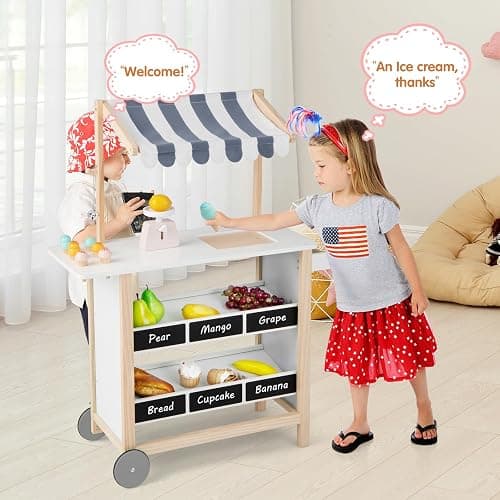 HONEY JOY Kids Ice Cream Cart, Wooden Grocery Store Playset w/6 Pieces Play Food, Realistic Bell & Food Scale, Chalkboard, Pretend Play Dessert Shop Counter Stand Truck, Gift for Boys Girls thumbnail 8