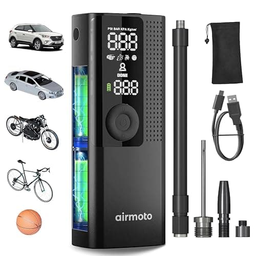 Airmoto Tire Inflator Portable Air Compressor - Air Pump For Car Tires with Digital Pressure Gauge, LED Light and Auto Shut-Off Function - Cordless Pump for Car, Motorcycle, Bicycle, Ball - Image 1