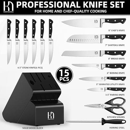 KnifeSaga Knife Set, 15 Pcs Kitchen Knife Block Set, Enduring Razor-Sharp Japanese High Carbon Stainless Steel Chef Knife Set with Block and Sharpener, Premium Black Knives Set for Kitchen thumbnail 6