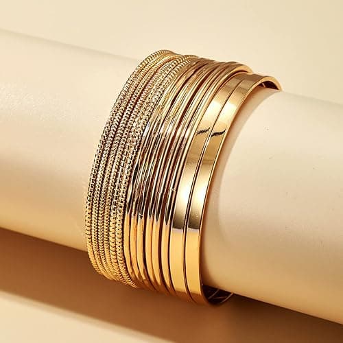 Xerling 14Pcs Golden Boho Indian Multi Bangle Bracelet Set Punk Chunky Stackable Textured Bracelets for Women Layered Cable Smooth Bracelets, Diameter: 2.6-2.7in/6.8-7cm, alloy thumbnail 4