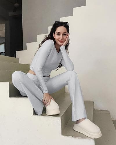 ZOOSIXX Lounge Sets for Women - 2 Piece Outfits Crop Tops with Fold Over Flare Leggings Fall Loungewear Fitted Pajama Sets thumbnail 4