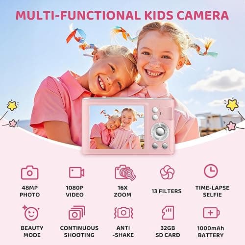 Digital Camera, 48MP FHD 1080P Point and Shoot Camera with 16x Zoom, Anti Shake Autofocus Compact Camera with 32GB Card for Kids, Beginners, Teens, Pink thumbnail 2