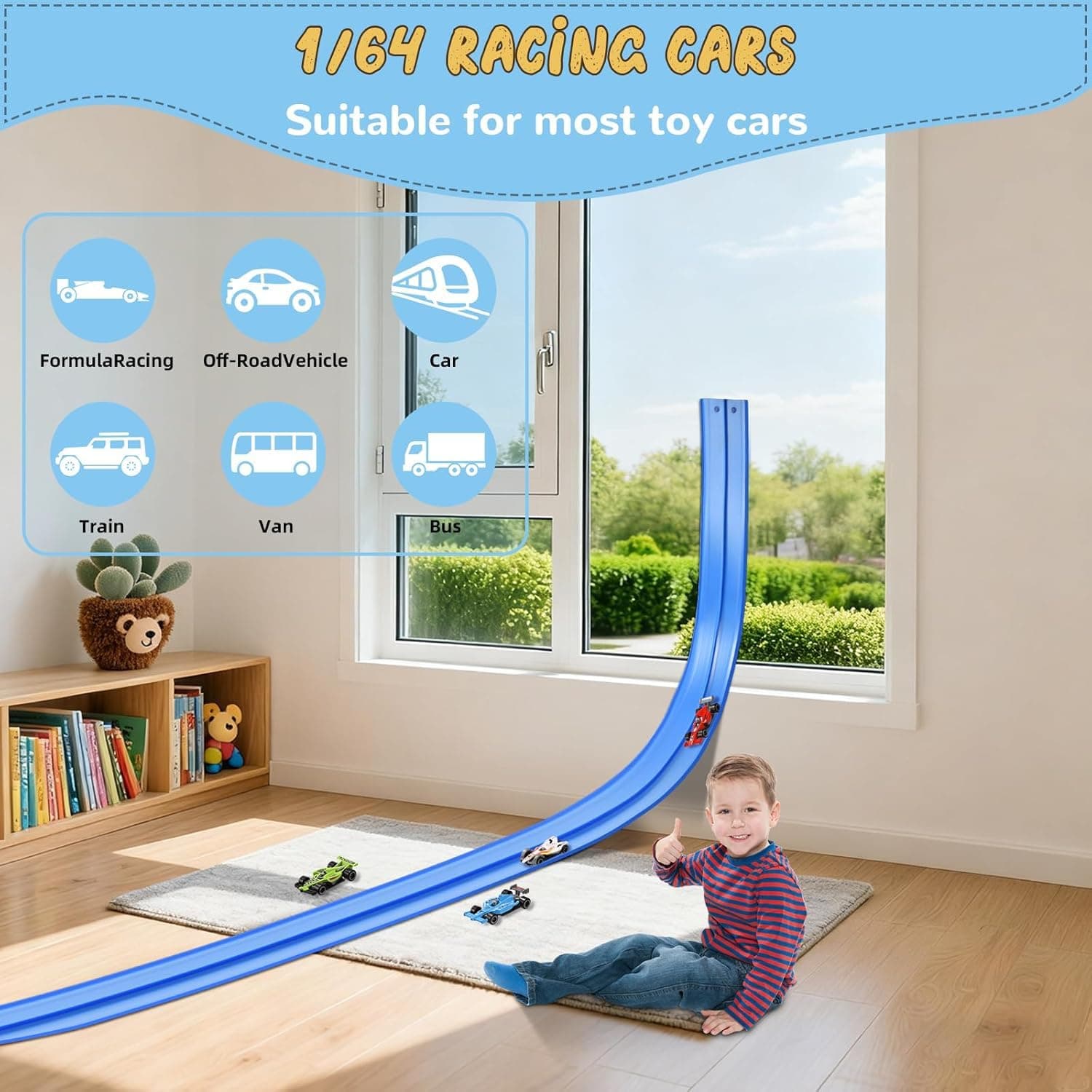 Flexible Race Car Track,16 Ft/5M Portable Dual Sided Racetrack with 4 Car & Suction Cups, Compatible with Hot Wheels & 1/64 Diecast Cars, Classic Long Rolls Up Race Track for Boys Girls (Blue) thumbnail 4