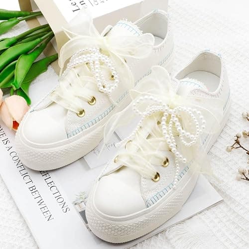 WEGOODZF Flat Sheer Shoe Laces: 2 Pairs 4CM Wide Fashion Snow Yarn Shoelaces - 02 Beige - 39Inch (100CM) thumbnail 2