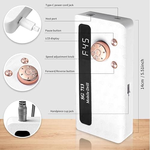 Professional Nail Drill Kit 45000RPM, Portable Electric Nail File with 13 Bits & 56pcs Sanding Bands,LED Screen,Ultra-Silent, Rechargeable Nail Drills Machine for Acrylic Nails Gel Polishing (White) thumbnail 6
