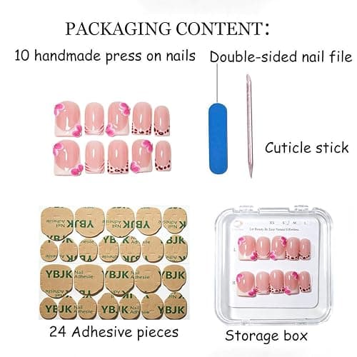 Handmade Short Square French Press On Nails,Reusable&Salon Quality(Y207, M) | 10Pcs Daily & Party Fake Nails | Easy Apply & Remove | Nude Pink Press Ons with 3D Pink Flowers, Line & Dot French Accents thumbnail 5