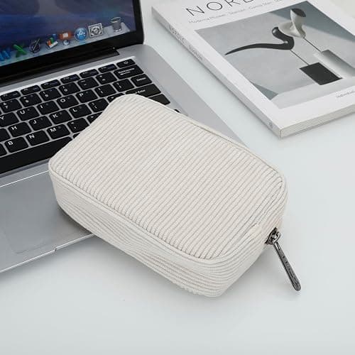 E-Tree Cute Small Makeup Bag,Cosmetic Toiletry Make up Little Items Pouch for Purse,Zipper Mini Tech Charger Cable Electronic Organizer Case,Travel Accessories for Women Men Teen,White Corduroy thumbnail 6