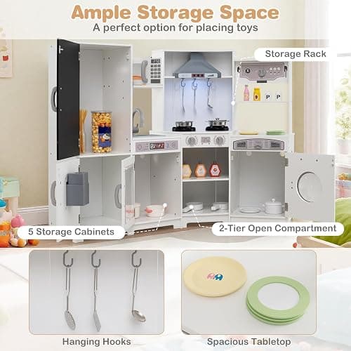 HONEY JOY Corner Play Kitchen, Large Wooden Pretend Toy Kitchen Set w/Lights, Ice & Coffee Maker, Range Hood, Chalkboard, Microwave, Cookware, Little Chef Kids Kitchen Playset for Toddlers (White) thumbnail 7