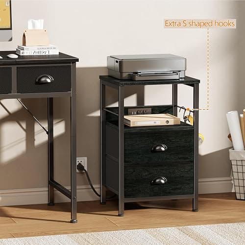 Furologee Nightstand Set of 2, Black Oak, with Charging Station and USB Ports, Side Tables with 2 Fabric Drawers, Bedside Tables with Storage Shelf & Hooks, for Living Room/Bedroom thumbnail 8