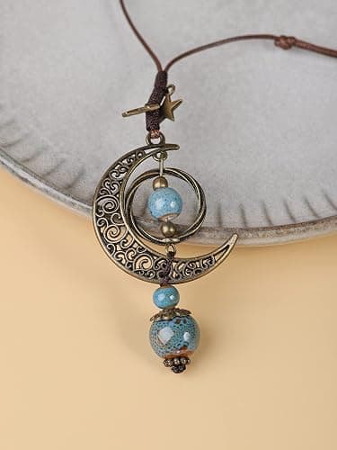 MINACHI Vintage Bohemian Hippie Ceramic Beads Crescent Moon Lariat Necklace, Boho Hippie Statement Jewelry Gift for Women thumbnail 2
