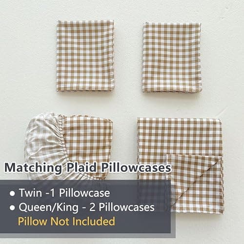 NSNLGSGC Tan Gingham King Sheet Set, Soft Brushed Microfiber Taupe Plaid King Bed Sheets, 4-Pieces Brown Grid Sheet Set with Deep Pocket thumbnail 7