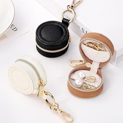 Oranllow 2 Pcs Portable Jewelry Ring Holder Boxs with Keychain, Small Jewelry Travel Sports Ring Keeper Case Earring Stud Necklace Storage Organizer Case (White+Khaki) thumbnail 7