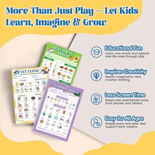 MOMOTONX 10 Pack Kids Pretend Play Notepads, 40 Pages Kids Playtime Pads | 4'' x 6'' All Roles Imaginative Role Play Activity Set, Educational Toys for Toddlers thumbnail 6
