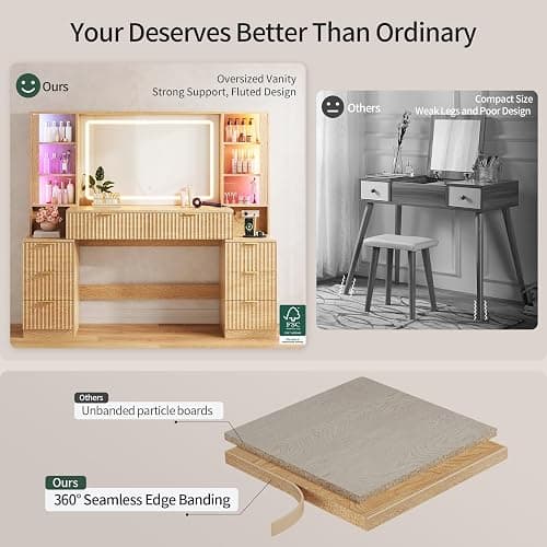 HAUOMS Big Vanity Desk, Fluted Makeup Vanity with Mirror Lights, Dressing Table (Oak, 59.1" Width) thumbnail 7