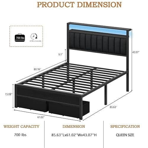 Furnulem Queen Bed Frame with Charging Station and LED Lights, Grey Upholstered Headboard with Shelves, Metal Platform Bed with 2 Under-Bed Storage (Fabric Drawer on Wheels), No Box Spring Needed thumbnail 2