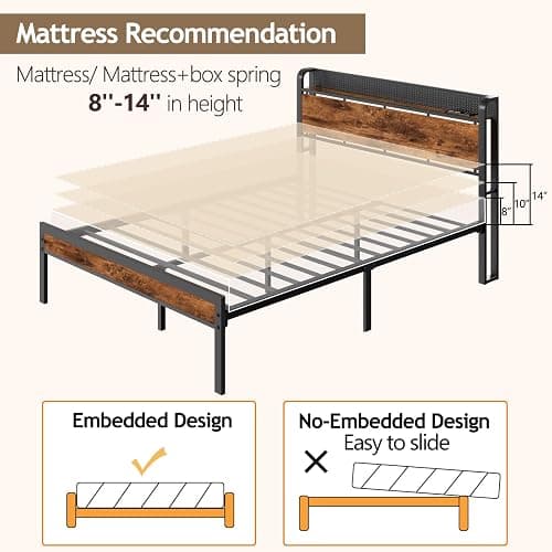 Furnulem Full Bed Frame with LED Lights,Industrial Storage Headboard with Charging Station,USB Port,Under Bed Storage,Wood Platform with Strong Metal Support,No Box Spring Needed, Silent thumbnail 9