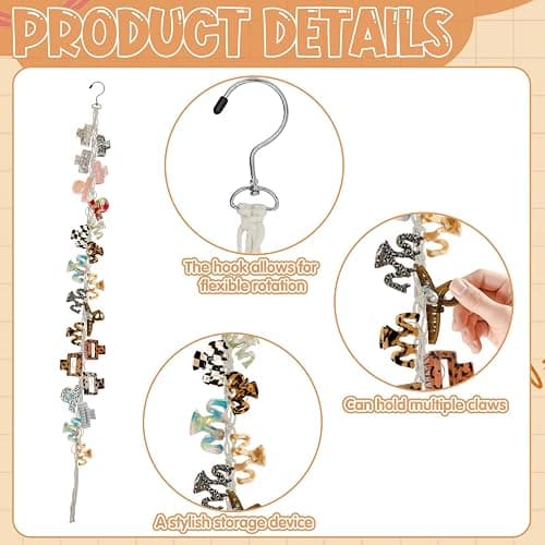 CANIPHA Hanging Braided Hair Clip Organizer with Swivel Hook and 20 Metal Rings, Claw Clip Organizer Daily Necessities for Women, Flexible Hanging Storage Decor for Wall thumbnail 4