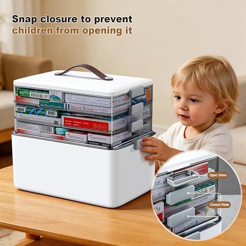 MOPUP 4-Tier Medicine Craft,Sewing,Art,Organizer Storage,Portable Latch Bin with Lid and Leather Handle,Pill Bottle, First Aid,Multipurpose Organizer with Removable Tray,A Household Essential thumbnail 3