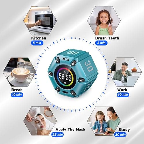 Pomodoro Timer, Magnetic Visual Timer with Flip Countdown, Silent & Alarm, Tools for Anyone, Cube Digital Timer for for Work, Kitchen Cooking, Study, 3/5/10/25/30/60min & Custom Countdown - Turquoise thumbnail 4