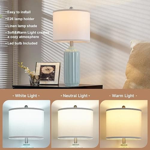Liyicha Lamp for Living Room Bedroom Lamps Farmhouse Table Lamps Set of 2 Vertical Stripe Ceramic Table Lamp,Linen Shade with Bulb, 25 in High,Light Blue - Light Blue（Set of 2） - 25-inch high thumbnail 5