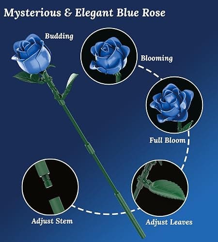 Loyratche Blue Roses Flower Bouquet Building Set, Compatible with Lego Flowers, Artificial Flowers Botanical Collection Gift for Halloween Gothic Retro Home Decor thumbnail 4