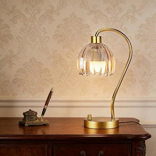 ILLMTW Small Table Lamp Set of 2,Gold Bedside Lamps Dimmable Boho Bedroom Lamp with Glass Tulip Flower Amber Lamp Shade,Vintage Mid Century Modern Mini Nightstand Lamp for Bedroom Living Room thumbnail 9