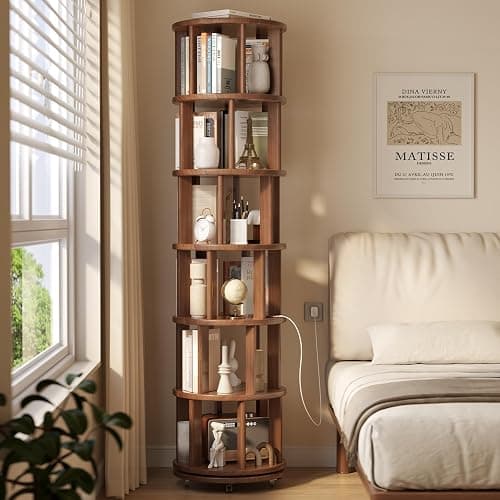 Muwuele 6 Tier Rotating Bookshelf Tower, Solid Wood Bookshelf on Wheels, Circular Book Shelf Rotating, Revolving Bookcase for Small Spaces, Corner Book Case, Spinning Book Shelf for Bedroom, Walnut thumbnail 8