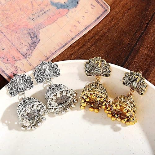 Bell Tassel Indian Vintage Earring Bollywood Ethnic Gypsy Beads Boho Traditional Jhumka Jhumki Chandelier Earrings Peacock Statement Dangle Drop for Women Girls Bohemian Indian Jewelry Gift thumbnail 6