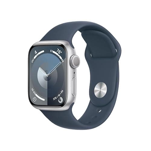 Apple Watch Series 9 [GPS, 41mm] Silver Aluminum Case with Storm Blue Sport Band, M/L (Renewed) - Image 1