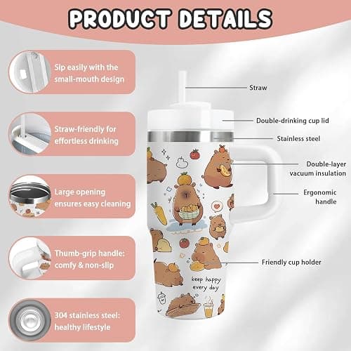Capybara Gift for Women, 14oz Capybara Tumbler with Handle, Lid & Straw - Vacuum Insulated Stainless Steel Travel Mug - Hot/Cold Car Cup for Commuting, Office - Kawaii Water Bottle Gifts for Adults thumbnail 4