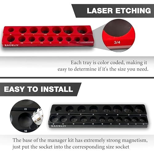 EACELIY 6-Piece Magnetic Socket Organizer Set, 1/2", 1/4" and 3/8" SAE & Metric Deep & Shallow Socket Holder Kit, holds 141 stanard Sockets, attaches to steel box/tool cart (sockets not included) thumbnail 6